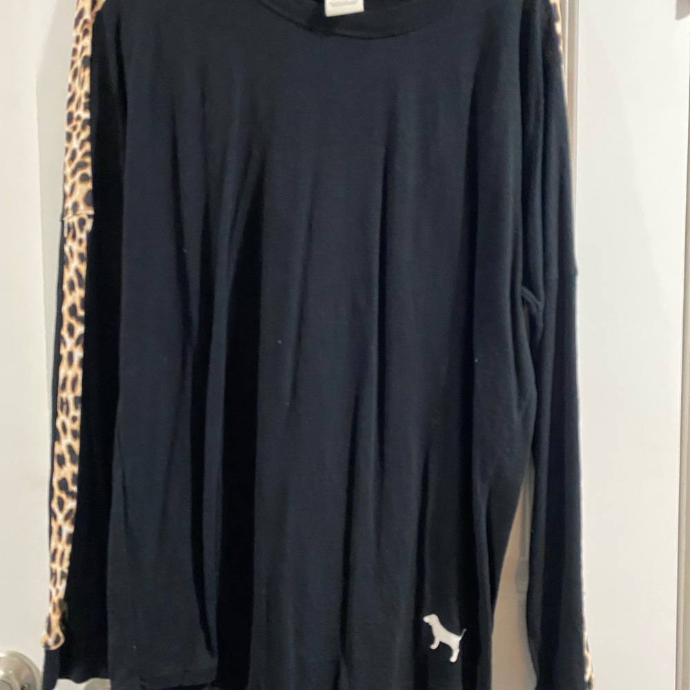 PINK Black Long Sleeve Shirt with Leopard Print Sleeves